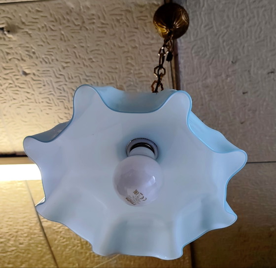 Vintage blue opaline and gilded brass Pendant lamp - mid-20th century, Glass (photo 3 of 8)