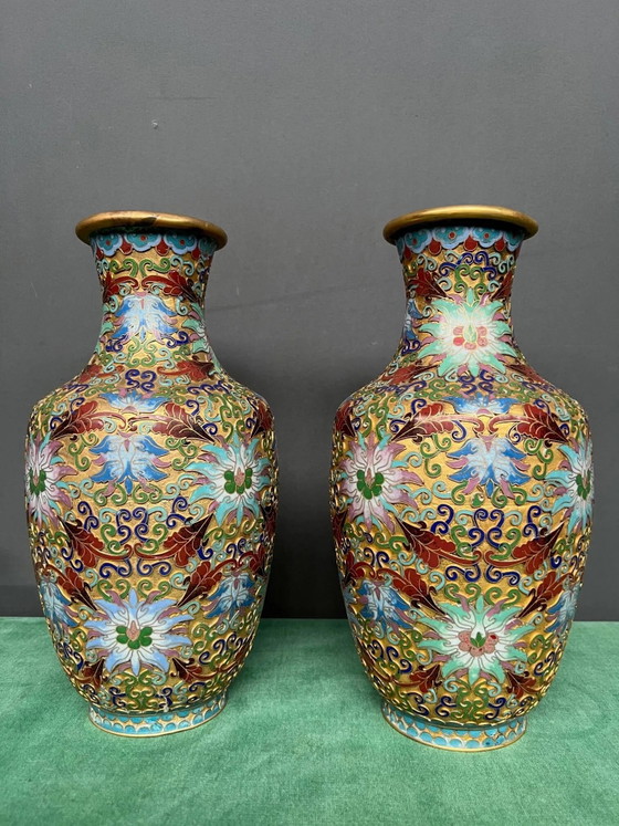 Pair of Chinese bronze vases decorated with cloisonné enamel. (photo 6 of 6)