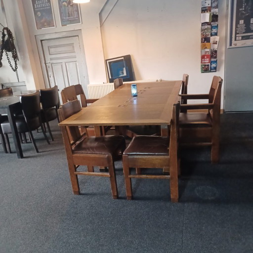 Oak dining set, 1930s Hague School – eetkamerset, Leather, Wood