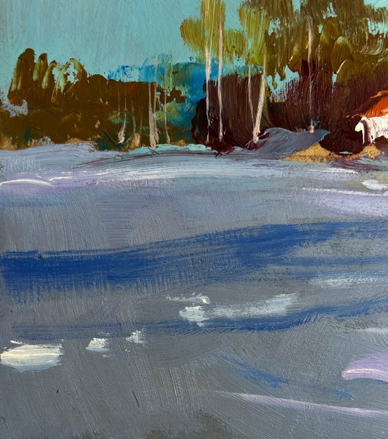 Image 1 of Original Oil Painting Frosty Houses Landscape Winter calm in the village