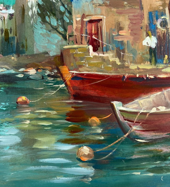 Image 1 of Peinture à l'huile originale représentant un paysage urbain, fluvial et une jetée aux couleurs du soir