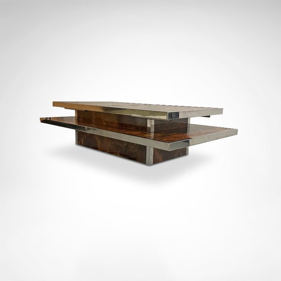 Image 1 of Schuifbare salontafel met twee niveaus van wortelhout en metaal, met geïntegreerde bar, Frankrijk, jaren 80.