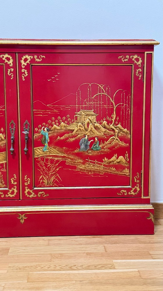 Meuble Console Mince Chinoiserie Vintage, Laqué à la Main (Années 1970), Buffet bas, Bois, Métal, Rouge (photo 3 sur 15)