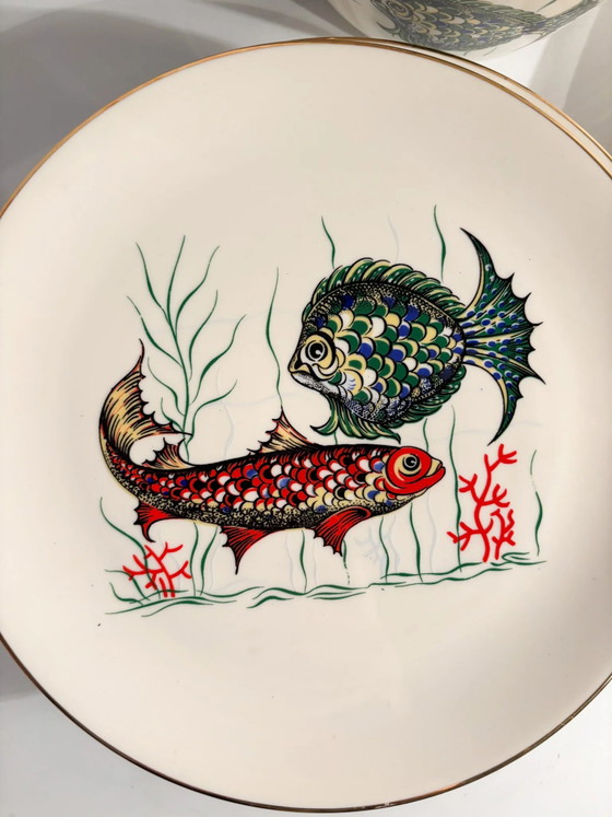 Servizio da tavola bavarese in ceramica degli anni '80 composto da sei piatti e zuppiera per pesce. (photo 4 of 14)