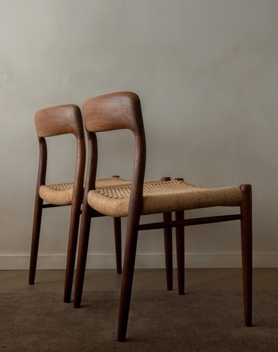 Image 1 of Vintage Danish Dining Chairs Model 75 by Niels Otto Møller for J.L. Møllers Møbelfabrik, Teak Paper Cord Chairs, 1950s, Set of 4
