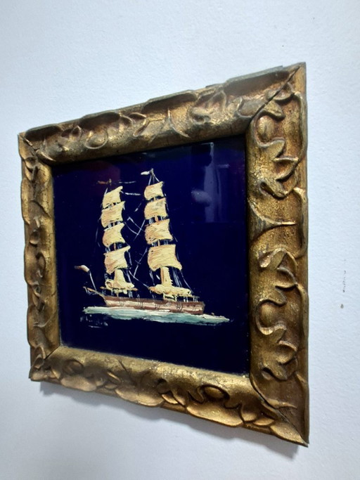 Cuadro Azulejo vintage pintado a mano, firmado y enmarcado | Decoración marinera