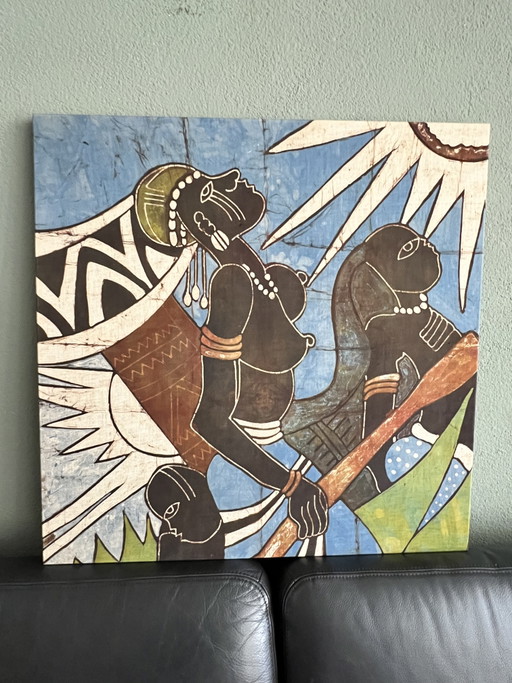 Ingelijst West-Afrikaans batikschilderij uit Gambia (73x73 cm)