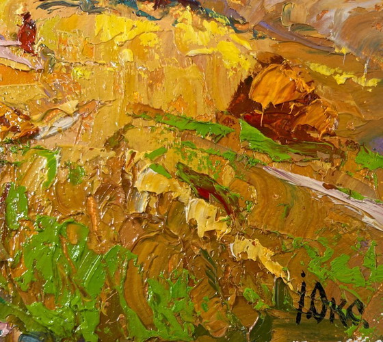 Image 1 of Original Oil Painting Summer Field Landscape Edge of the village