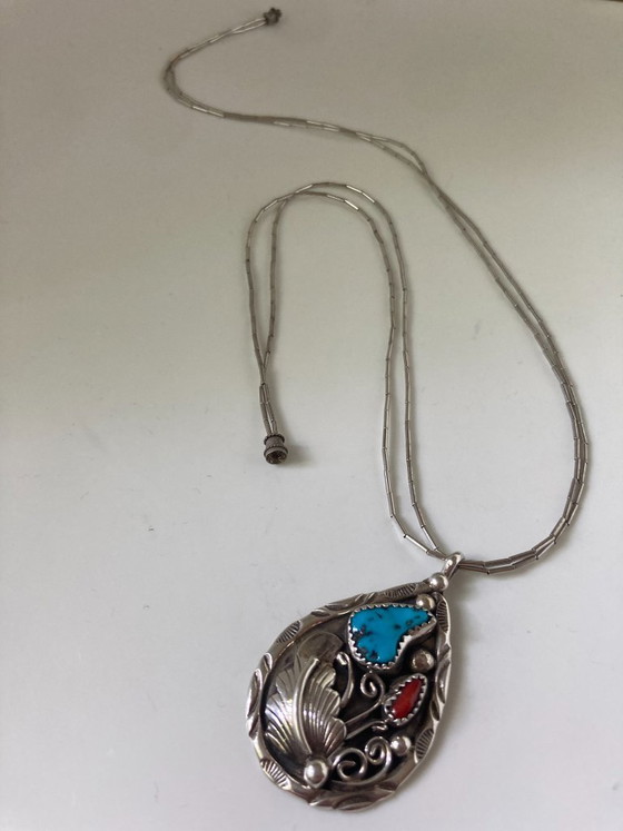 Image 1 of Navajo Indiaanse bloemenhanger (sterling zilver, turkoois, koraal)