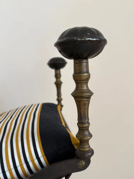 X-shaped seat in wrought iron, brass, and leather, 1920s-1930s, Stools (photo 4 of 11)
