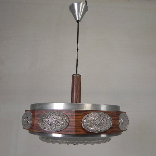 Vintage Lakro hanglamp met 9 ovalen glasplaatjes en 1 ronde glasplaat, jaren 70
