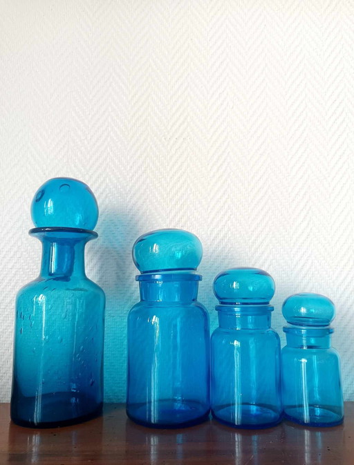 4x Vintage Blue Glass Apothecary Bottles