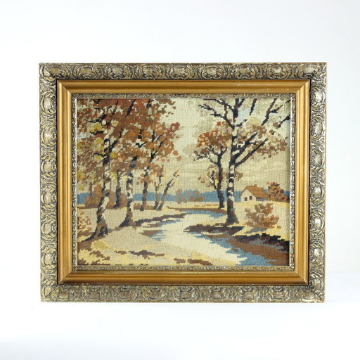 Art mural de broderie vintage dans un cadre, années 1950