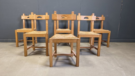 Image 1 of Vintage oak and wicker brutalist chairs, 1960s - set of 6