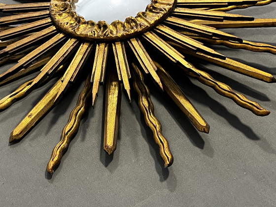 Image 1 of Espejo de sol de madera de doble cara con espejo convexo y lámpara, años 60. Montado en la pared.