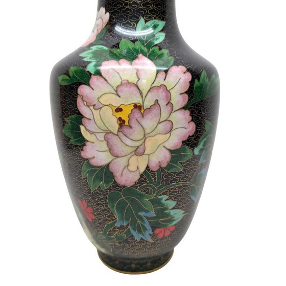 Image 1 of Large vintage black cloisonné vase