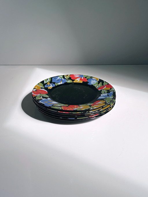6x Vintage Arcoroc Cake Plate Black Flowers France Set 80s 90s Luminarc Octime France Red Blue Yellow