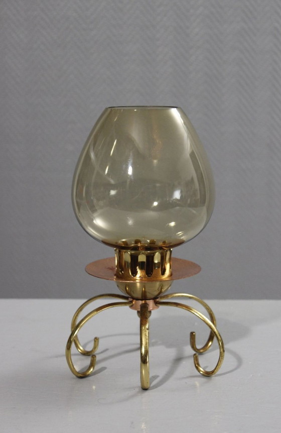 Image 1 of Candelabro antiguo de cobre, latón y cristal, diseño modernista, década de 1950.
