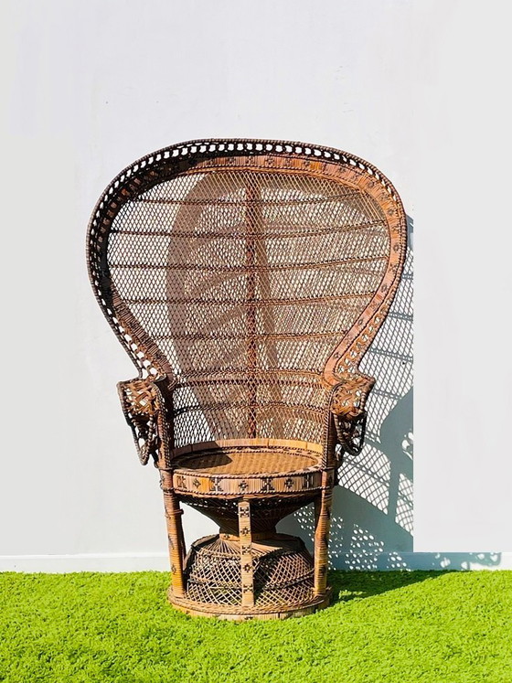 Image 1 of Fauteuil XL Peacock « Emmanuelle » en rotin. Vintage années 70.