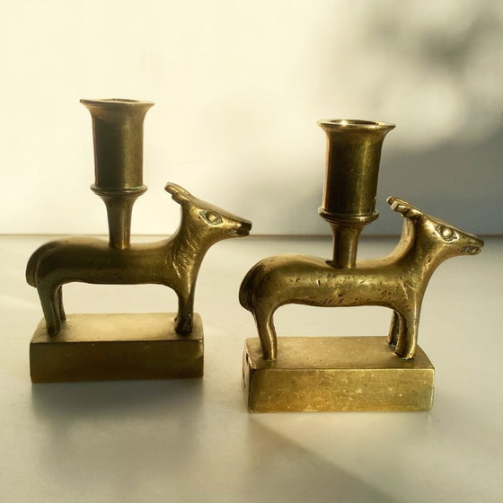 Image 1 of Set of antique brass candlesticks, animal figures