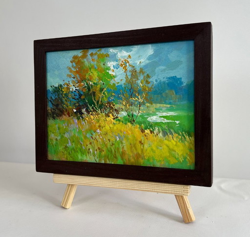 Original Oil Painting Summer Field Landscape Walking among flower fields