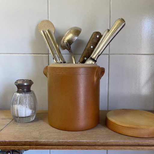 Antica pentola per grasso o conserva in gres smaltato con coperchio