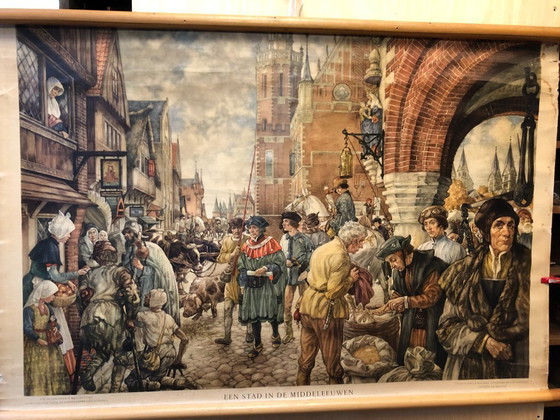 Image 1 of Vintage schoolplaat schoolkaart Een Stad in de Middeleeuwen 110 x 75  JB Wolters Groningen