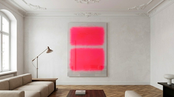 Dipinto astratto a campi di colore nei toni del grigio, rosa e rosso – neon | Arte fluorescente | XXL 0,8 cm (photo 3 of 8)