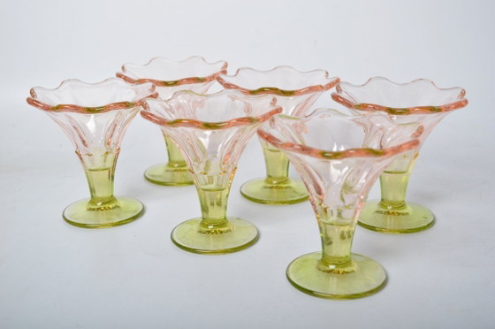 Image 1 of Vintage La Rochère France Set of 6 Pink & Green Tulip Champagne Coupes or Dessert Glasses / 1970's-1990's