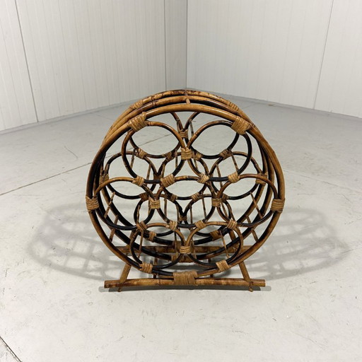 Portabottiglie rotondo in rattan, anni '70