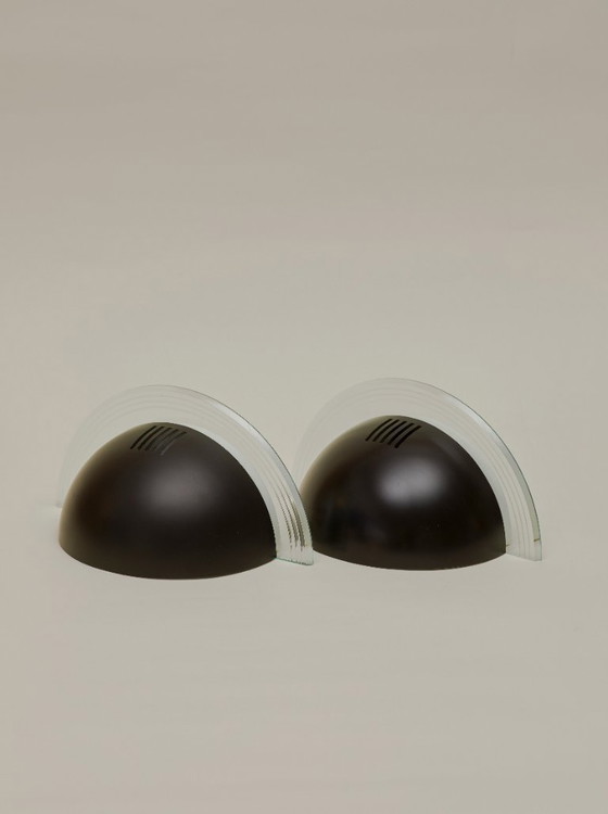 Image 1 of Pair of vintage Postmodern Memphis half-moon wall lights in metal and lucite, circa 1980