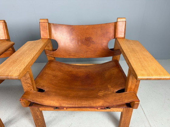 Image 1 of 2x Børge Mogensen Cognac-Leder und Eiche, spanischer Stuhl für Fredericia, 1960