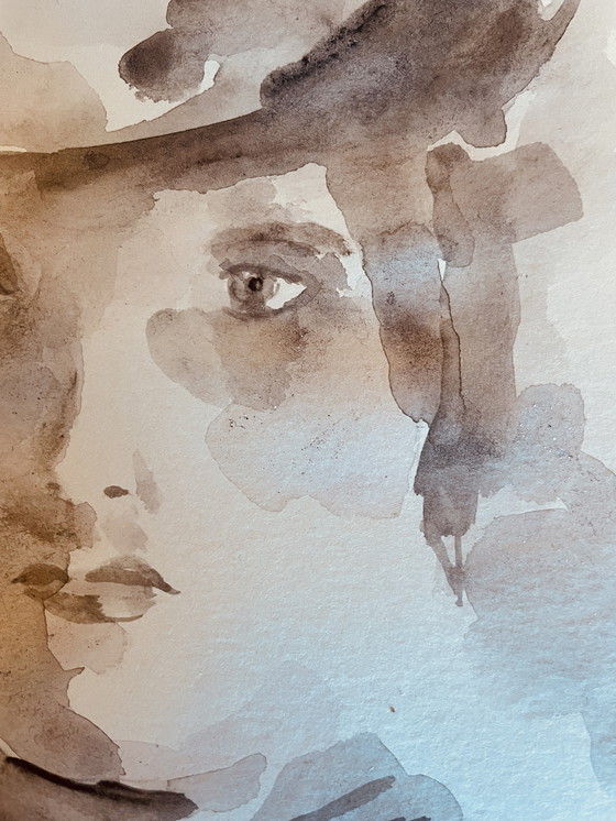 Image 1 of Pintura firmada en acuarela, monocromática, sepia, retrato femenino "Luz"