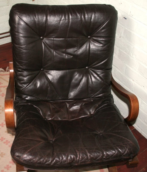 Image 1 of Midcentury Scandinavische fauteuil met lederen kussen