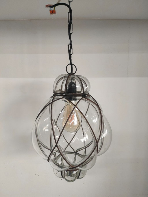 Venetian Pendant Lamp Spherical Glass with Metal Framework.