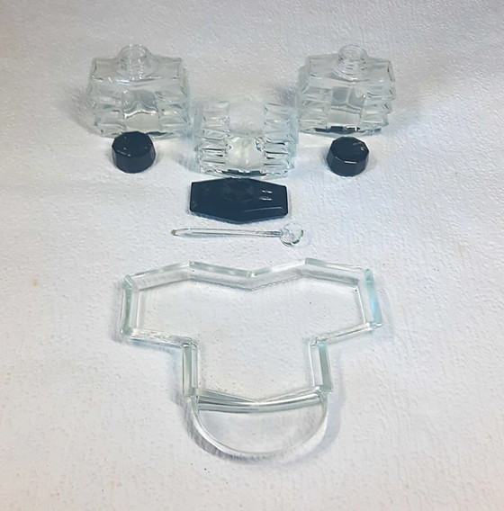 Image 1 of (W002) Set da menage in cristallo di Boemia Art Déco vintage – Dettagli in vetro nero, anni '30