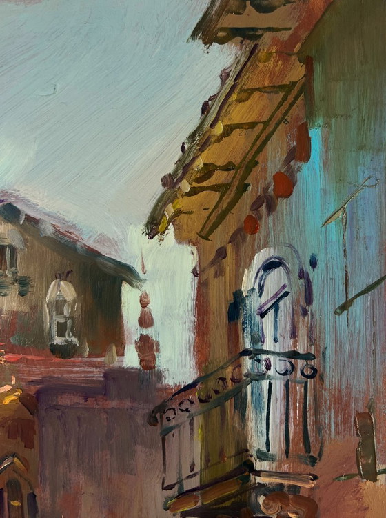 Image 1 of Original Oil Painting Coastal Houses Landscape The narrow streets of the city