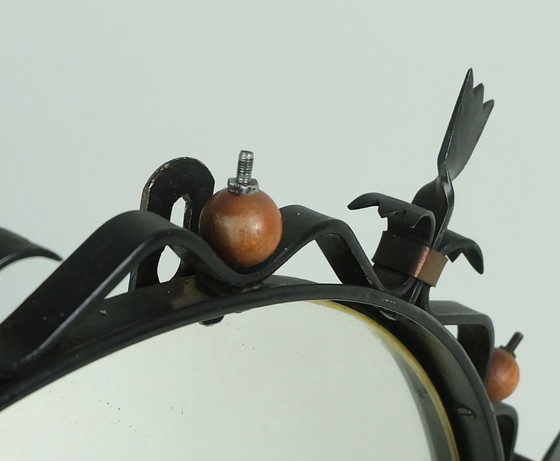 Image 1 of ronde mid century wandspiegel metalen lijst smeedijzer hout messing jaren 1950/60