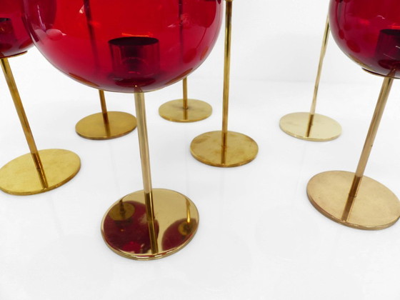 Image 1 of Set of 7 Hans-Agne Jakobsson AB Markaryd NR135 red candleholders, Sweden, circa 1950-1960