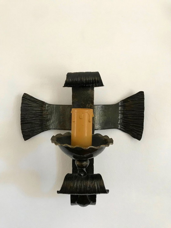 Image 1 of 2 brutalistische Wandleuchten aus Schmiedeeisen 70er Jahre