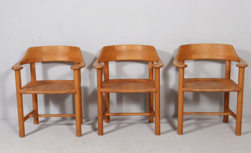 Hirtshals Savværk, set of 3 chairs / dining chairs by Rainer Daumiller, pine, Denmark, 1970s