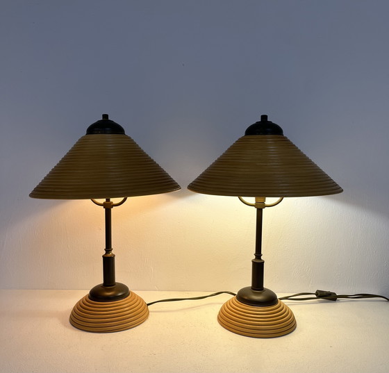 Image 1 of 2 lampade vintage in rame e rattan, Italia