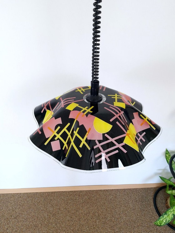Image 1 of Vintage 1980s Memphis Design Pendant Light / Postmodern Geometric Pull Down Lamp / Roly Poly Spiral Cable Chandelier / Retro Era