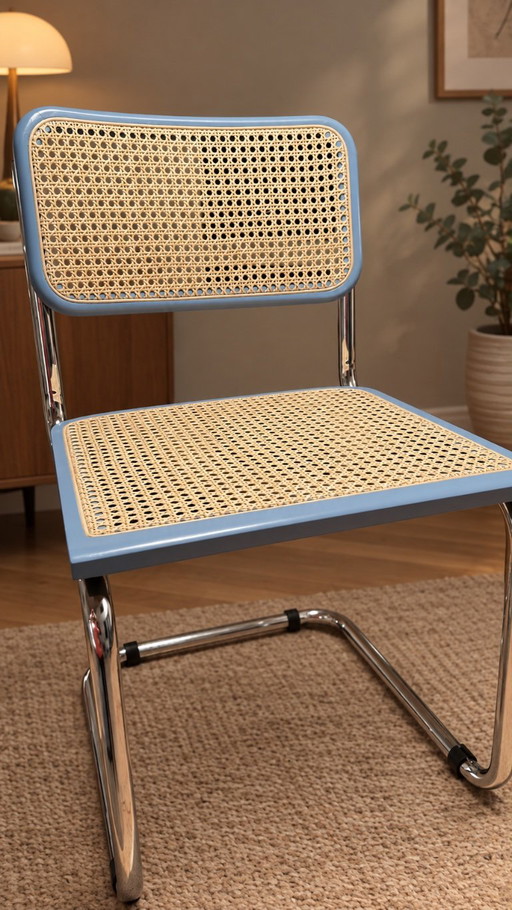 Lot de 4 chaises Cesca italiennes vintage – Bleu ciel & Cannage – Années 1990