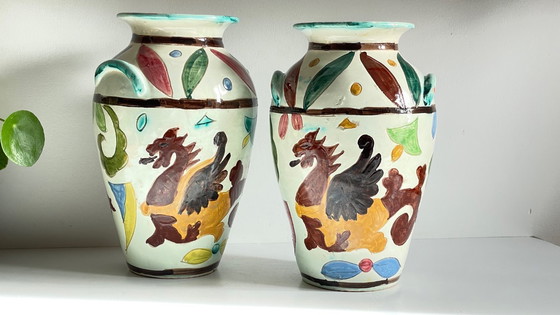 Image 1 of Italian Majolica Vases with Dragon Motif