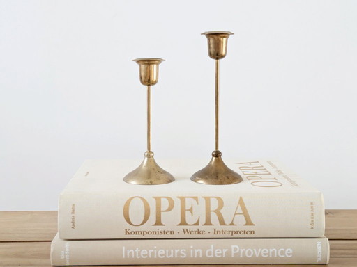 2 x Midcentury Brass Candleholders | Slim Stem Modernist Design
