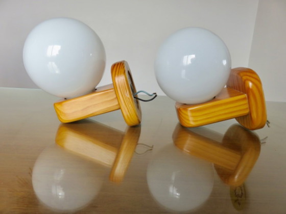 Image 1 of Pair of Scandinavian wall lights in pine and opaline glass, 1980s