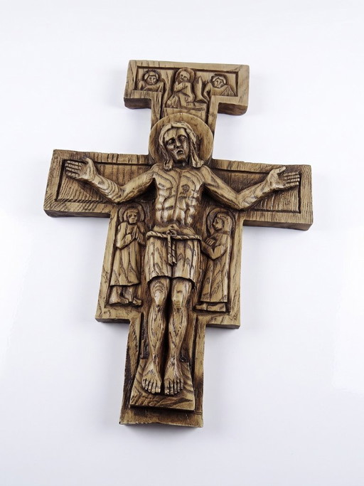 Croix de San Damiano vintage en bois sculpté, art religieux franciscain – wanddecoratie, Wood