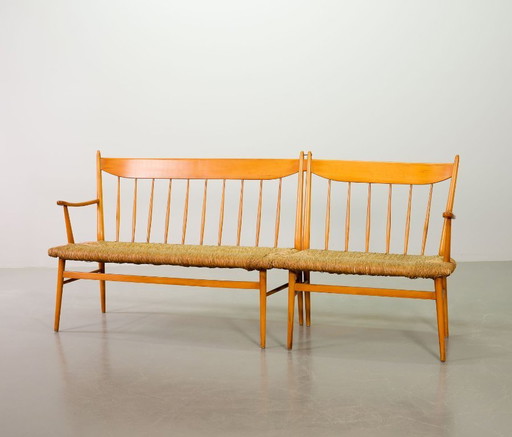 Large Mid-Century Design Spindle Back Bench with Rush Wickered Seatings in Style of Arno Lambrecht. Germany, 1950s. 