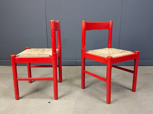 Vintage-Esszimmerstühle aus rotem Lack und Korbgeflecht, 1970er Jahre